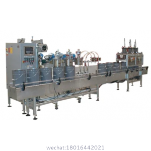 3-Head In-line Automatic Net Weight Filling & Crimp Closing Machine for Gallon to Pail Containers with DFS Fill Cart